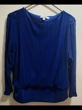 Chico’s Blue Pleated Blouse Size L Sheer Sleeve Layered Top